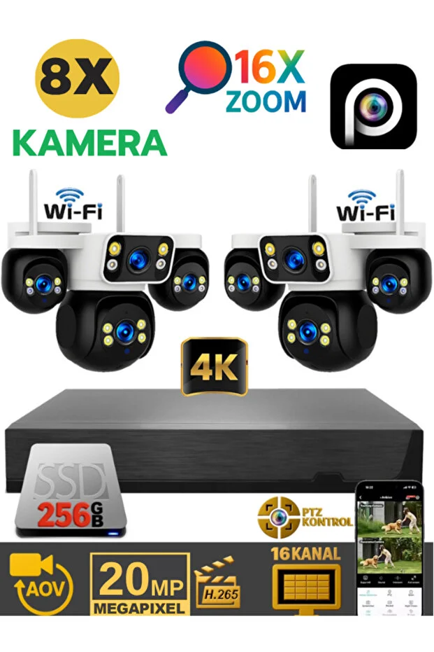 XCAMPRO 8 Kameralı 20MP NVR Güvenlik Kamerası Seti (256GB SSD Dahil) – 4K AOV PTZ Kontrol 7/24 Kayıt